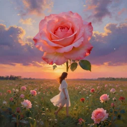 large rose as a head, girl walking in a flower field, surreal photography, sunrise dramatic light, impressionist painting, colorful clouds, digital painting, artstation, simon stalenhag