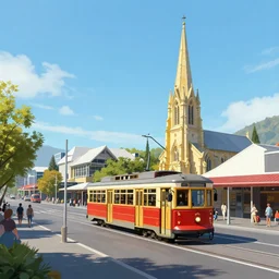 fantasy art of christchurch new zealand. shows cashel mall, tram, te pae, riverside market and turanga library. high quality 8 k art beautiful stunning. intricate. ornate. wonderful. utopian. uplifting. happy. ecstatic.
