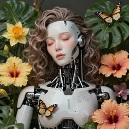 a beautiful fine art portrait photo of a resting cyberpunk robotic cyborg, wavy hair spread out, surrounded by hibiscus, daffodils, moth orchids, swallowtail butterflies, montsera leaves by tom bagshaw and zach sutton, soft studio lighting, very detailed, bionic, robotic, deep depth of field, artstation, 4K