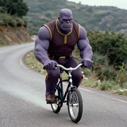 film still of thanos as brand riding a very small bicycle down a steep mountain road in the goonies 1 9 8 5