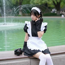 a woman in maid uniform is sitting on a edge of a fountain in park, 8k, photo taken with Sony a7R camera