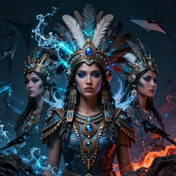3 d mexican goddess medium shot portrait. beautiful intricate highly detailed quetzalcoatl helm and feathers. low - key lighting, bioluminescent, plasma, lava, ice, water, wind, stingray, magpie, creature, artwork by tooth wu and wlop and beeple and helmut newton, 8 k trending on artstation,