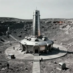 cinematic image of a large lunar base inside a crater, brutalist architecture, 1950s sci-fi, wide angle view, art by greg rutkowski and Daytoner