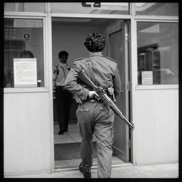 A man walking into a bank with a  Thompson machine gun. Security camera footage, grainy, black and white, 1980's.