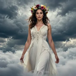 fine art, long shot photo of the beauty goddess gal gadot, she has a crown of mesmerizing flowers, she is arriving heaven, background full of stormy clouds, by peter mohrbacher