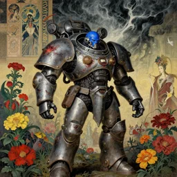 composition of gothic and futuristic, warhammer, cyber armor, more and more scars, storm, blue head, red, yellow, many mech flowers, the middle ages, highly detailed, artstation, in the style of moebius, jugendstil and classic japanese print, art by jean delville and rene magritte