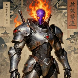 portrait of gothic and futuristic young mainem, warhammer, japan style cyber armor, a lot of scars, firerstorm, purple head, heart instead of eyes, the middle ages, highly detailed, artstation, in the style of moebius, jugendstil and classic japanese print, art by jean delville