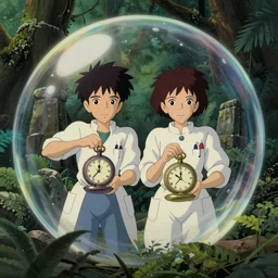hyperrealist, studio ghibli dull colors portrait from close encounters of the third kind 1 9 7 7 of two multi - colored pocketwatch scientists swaying in a jungle bubble stonehenge.
