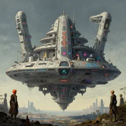 complex alien technology in the form of a large spacecraft, with multiple levels and strange symbols by antoni gaudi and jacob van ruisdael, style of danny phantom