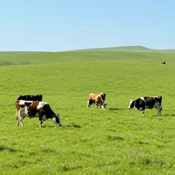 of a sunny winter at a greeny pasture with cows