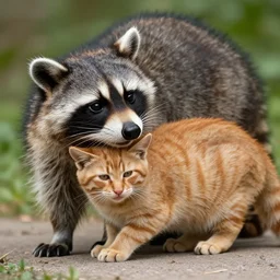 racoon puts orange cat in it's place