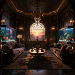 a very dark dreamy luxury modern steampunk artnouveau living room, aquarium with beautiful tropical fish, candlelight, sunset glow, dark shadows, octane render, volumetric lighting, raytracing, symmetrical wide shot low angle