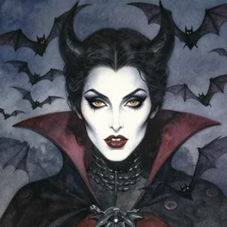 dark vampire queen closeup face surrounded by bats, night sky, art by luis royo and walter crane and kay nielsen, watercolor illustration,