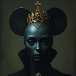 head of a black queen in the shape of mickey mouse, by tom bagshaw