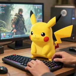 pikachu using the keyboard and playing call of duty