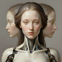 portrait of female android, symmetry, intricate, elegant, highly detailed, smooth, sharp focus, concept art, digital painting, illustration, artstation, by fra angelico and greg ruthkowski