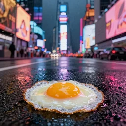 sunny side up egg sits in the road, times square, night time, raining, neon light, romantic, ultra realistic, unreal engine, 4k, artstation