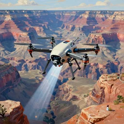a detailed robotic ghost in the shell like drone flying above the great canyon, light rays, deep detailed rocks, cartoon style, concept art, oil painting style, by leonardo da vinci, rtx hdr