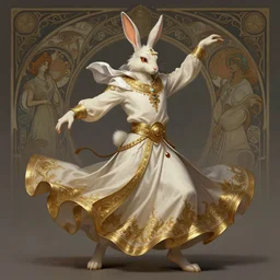 full body photograph of a male anthropomorphic bunny man fursona arabian dancer, deep focus, intricate, elegant, highly detailed, digital painting, artstation, concept art, matte, sharp focus, illustration, d & d, fantasy, hearthstone, art by artgerm and greg rutkowski and alphonse mucha