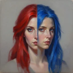 A detailed matte oil on canvas head on symmetrical portrait of a distinguished elven woman with vertically split mirrored red and blue hair on an empty background,  by Charlie bowater and lise deharme wlop, trending on artstationhd,  dungeons and dragons art,  half &  half hair, split dye , critical role