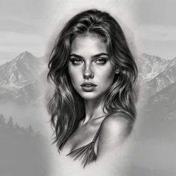 tattoo design sketch of a beautiful girl in a faded mountain background, in the style of den yakovlev, black and white, realism tattoo, hyper realistic, highly detailed