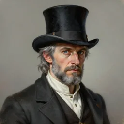 a grey hair halfling with stubble top hat and suit by Greg Rutkowski, painting, portrait, high details, trending on artstation