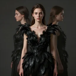 meredit frampton and craig mullins style : hight focus of a wonderful realistic focused expressive wonderful symmetrical mid portrait of a lonely very beautiful goddess, with a dress that is like a realistic black plumes, dramatic light, octane render, gregory crewdson lighting, - 8 k