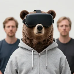 portrait of bear in hoodie in vr sunglasses by greg hildebrandt and michael hutter