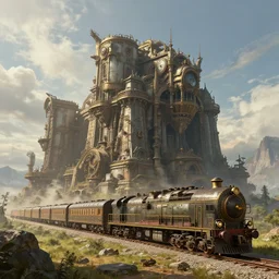 train landscape. incredibly colossal giant ancient train. extremely high details, artstation contest winner, masterpiece, fantasy art, steampunk, digital art by anthony brault, hubert robert
