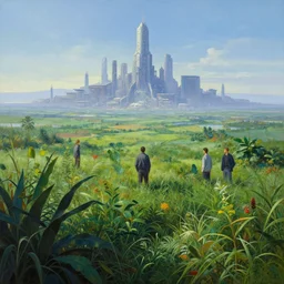 vast landscape, lush plants in the foreground. distant cyberpunk metropolis, hyper real painting by chiara bautista karl kopinski kim jung giu and weta studio, and lucasfilm and jesper ejsing and norman rockwell greg rutkowski frank frazzeta