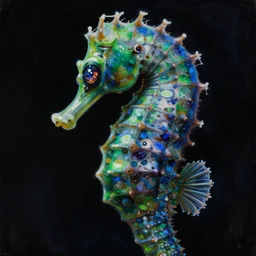 close - up portrait of a sci - fi seahorse with pearlescent eyes, deep green and blue colors, highly detailed science fiction painting by syd mead, roger dean, and moebius. rich colors, high contrast, moody atmosphere, cosmic black background. unreal engine, artstation.