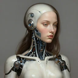 portrait of female bionic android, intricate, elegant, highly detailed, smooth, sharp focus, concept art, digital painting, illustration, artstation, by fra angelico, sandra chevirer, mark ryden and greg ruthkowski