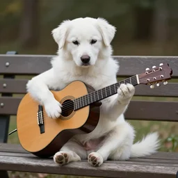 “ a white bipedal dog playing the guitar, sitting at bench, photoreal, photo, realistic ”