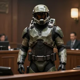 master chief on trial in a court room, highly detailed, extremely high quality, hd, 4 k, 8 k, professional photographer, 4 0 mp, lifelike, top - rated, award winning, realistic, detailed lighting, detailed shadows, sharp, no blur, edited, corrected, trending