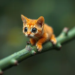 orange cat caterpillar on a green branch, big eyes, very large head, long body, side view, kodak photo, muted colors, depth of field