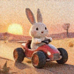 a wholesome cottagecore illustration of a happy rabbit riding a Mad Max Vehicle in the desert, sunrise, studio Ghibli, Pixar and Disney animation, sharp, Rendered in Redshift and Unreal Engine 5 by Greg Rutkowski, Bloom, dramatic lighting
