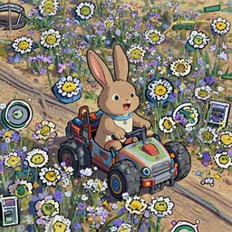 a wholesome cottagecore illustration of a happy rabbit riding a Mad Max Vehicle in the desert, sunrise, studio Ghibli, Pixar and Disney animation, sharp, Rendered in Redshift and Unreal Engine 5 by Greg Rutkowski, Bloom, dramatic lighting