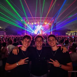 three friends having a good time at a concert, there is a huge crowd and lasers, cubism