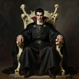perfectly centered portrait of attractive vampire king in a robe sitting on a throne of bones, highly detailed painting by gaston bussiere, craig mullins, j. c. leyendecker, 8 k
