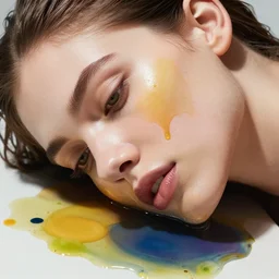 very beautiful woman, face submerged in colorful oils, realism, extreme detail, real life, soft light, volumetric light, 3 d shadows, james jean, photoshoot
