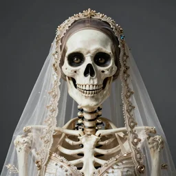 portrait of a veiled skeleton bride, bright eyes, smiling face, symmetric face, studio light, hdr, nikon 2 4 mm f / 1. 8 g, by sebastiao salgado
