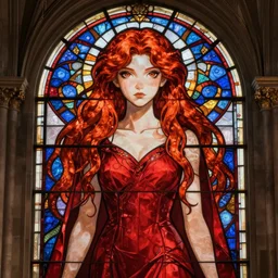 redhead woman stained glass portrait in glorious cathedral temple, magnificent long hair, beautiful ginger female wearing red long dress, symmetrical face, beautiful eyes, fine art, art nouveau masterpiece, art deco, semi realistic anime, museum quality work, cel shaded, art style of John Collier, Moebius, Studio Ghibli, cinematic, widescreen, 4K