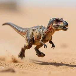 action photography, viewed from far away, award winning macro photo of a tiny ultra detailed muddy dinosaur running fast in desert sand, heavy dirt and dust, fast shutter speed, motion blur, tiny gaussian blur, highly detailed, highly intricate, depth of field, national geographic