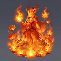 floral combustion, magic, medieval fantasy, elemental creature, fire, flowers, artstation, pixiv, celshading, vibrant, symbolic