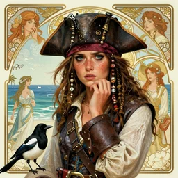 freckled mediterranean pirate girl, small bird black and white magpie, seaside backgroud, anxiety, longing, art for young adult fantasy novel, intricate, elegant, clean, well composed, highly detailed, assassin's creed iv, prince of persia, pirates of the caribbean, art by chengwei pan and viktoria gavrilenko and artgerm and greg rutkowski and alphonse mucha and josephine wall, trending on artstation