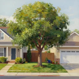 digital art painting of a single tree in the middle of a front yard painted by craig mullins and gaston bussiere and greg rutkowski