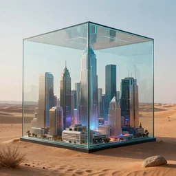 a huge glass cube with a cyberpunk city hidden inside, in the desert, photo realism, f / 1. 9 6. 8 1 mm iso 4 0