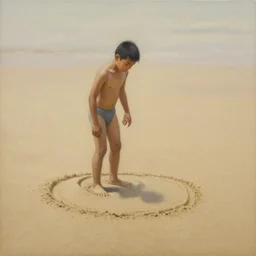 a full shot of a little man made of sand, standing on a beach, slowly melting into sand, early morning lighting, elegant, subtle, intricate details, real masterpiece, oil on canvas, by somsak anong