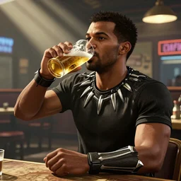 Trevor Phillips GTA Wiki drinking a beer in a pub with Black Panther in GTA 5, photorealistic, light rays, masterpiece