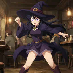 key anime visual portrait of a young female witch in a tavern interior defending a companion, dynamic pose, dynamic perspective, cinematic, dramatic lighting.